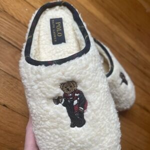 Polo Ralph Lauren Women 6 Charlotte Scuff II Bear Slippers Cream Plaid Trim NWOT